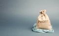 Money bag with the word Profit and tape measure. The concept of limited profit. Lack of money and poverty. Small income. Salary