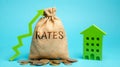 Money bag with the word Rates, up arrow and wooden house. The concept of a high mortgage loan rate. Buy and rental. Expensive Royalty Free Stock Photo