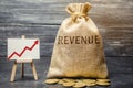 Money bag with the word Revenue and graph up. The concept of increasing profits and finance. Budget growth in the company. The Royalty Free Stock Photo