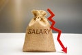 Money bag with the word Salary and arrow to down. lower salary, wage rates. demotion, career decline. lowering the standard of Royalty Free Stock Photo