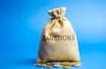 Money bag with the word Sanctions. The imposition of economic and political sanctions on the subjects of geopolitics. Restriction
