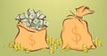 Money bags with bunches of dollars, coins stacks beside, opened and closed pouches, cartoon style, isolated vector illustration