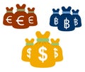 Money bags set vector design euro dollars and bath. Royalty Free Stock Photo