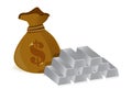 Money bags and silver bars Royalty Free Stock Photo