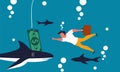 Money bait and fraud on rod hook. Business finance concept and fish hunting for temptation vector illustration. Man with risk and Royalty Free Stock Photo