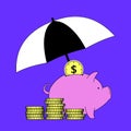 Money banking insurance concept. Piggy bank and golden coins under umbrella. Creative financial saving, retirement or Royalty Free Stock Photo