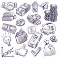 Money and banking sketch. Dollar banknotes and coins, piggy bank and business chart, gold bar and handshake symbols Royalty Free Stock Photo