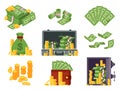 Money banknote. Cash bag, banknotes wallet and dollars heap in safe. Lots dollar piles and gold coins isometric vector