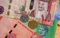 Money, Banknote of Ringgit Malaysia, Singapore dollar and Saudi Arabia Riyals Royalty Free Stock Photo