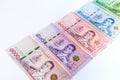 Money banknote thai baht on white background, collection thai paper money, currency thailand Royalty Free Stock Photo