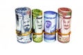 Money banknotes rolls of 50 SAR fifty Saudi Arabia riyals, 50 fifty United Emirates Dirhams banknotes and 500 five hundred riyals Royalty Free Stock Photo