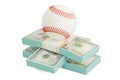 Money and baseball ball. Online sport bets. 3D rendering