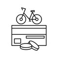 Money and bike. Card with a magnetic line and a chip with two coins. Rented or new purchased bicycle. Editable outline