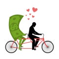 Money for bike. Lovers of cycling. Man rolls dollar on tandem.