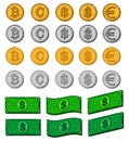 Money bills dollar cash paper notes, gold coins, silver coins and cryptocurrency vector set. Money cash, illustration Royalty Free Stock Photo