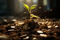Money blooms in soil, business success nurtured by nature\'s sunshine