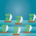 Money in boats sailing in the sea, ocean, water. Dollar signs are floating in boats with sails and paper dollars on the masts.