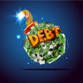 Money bomb with `debt` text. debt crisis concept -