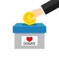 Money box for charity donate. Hand giving coin for charity help. Campaign of fundraising for donate. Icon of fund of donation.