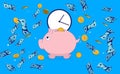 Time is money - Piggy bank with clock and money flying around Royalty Free Stock Photo