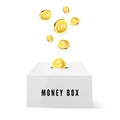 Money Box and Golden Coins. Money drop into box. Vector illustration isolated on white background