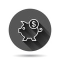 Money box icon in flat style. Pig container vector illustration on black round background with long shadow effect. Piggy bank Royalty Free Stock Photo