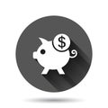 Money box icon in flat style. Pig container vector illustration on black round background with long shadow effect. Piggy bank Royalty Free Stock Photo