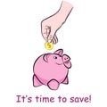 Money box pig saving money. Hand throw coin in the moneybox. Royalty Free Stock Photo