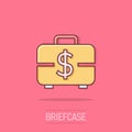Money briefcase icon in comic style. Cash box cartoon vector illustration on isolated background. Finance splash effect business Royalty Free Stock Photo