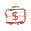 Money briefcase icon in comic style. Cash box cartoon vector illustration on white isolated background. Finance splash effect Royalty Free Stock Photo