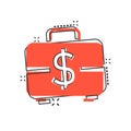 Money briefcase icon in comic style. Cash box cartoon vector illustration on white isolated background. Finance splash effect Royalty Free Stock Photo
