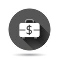 Money briefcase icon in flat style. Cash box vector illustration on black round background with long shadow effect. Finance circle Royalty Free Stock Photo