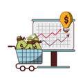 Money business financial board presentation shopping cart with bags cash