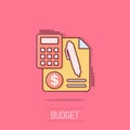 Money calculation icon in comic style. Budget banking vector cartoon illustration on isolated background. Financial payment splash