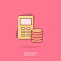 Money calculation icon in comic style. Budget banking vector cartoon illustration on isolated background. Financial payment splash