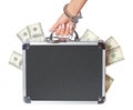 Money, case of dollars bills in female hand with handcuffs, isolated Royalty Free Stock Photo