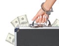 Money, case of dollars bills in female hand with handcuffs, isolated Royalty Free Stock Photo