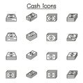 Money, cash, banknote and currency icon set in thin line style