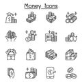 Money, cash, currency & coin icons set in thin line style