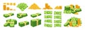 Money cash dollar stack pile coin cartoon set bank currency paper green dollars bill finance vector