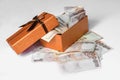 money cash and gift box isolate on white Royalty Free Stock Photo