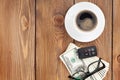 Money cash, glasses, car remote and coffee cup Royalty Free Stock Photo