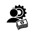 Money in cash, man and gear wheel, dollar, piles, stacks of dollars banknotes, symbol of economy growth, progress, profit, wealth,