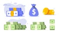 Money cash pile stack icon vector set graphic illustration, dollar currency bag sack blue color design flat cartoon 3d, gold coins Royalty Free Stock Photo