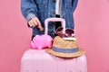 Money cash saving for travel concept, Traveler and pink suitcase. Royalty Free Stock Photo
