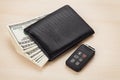 Money cash wallet and car remote key Royalty Free Stock Photo