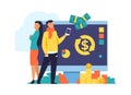 Money cashback and transfer flat illustration. Debit or credit card pays. Vector online banking concept Royalty Free Stock Photo