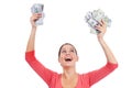 Money celebration, wow and studio woman excited for lotto win, competition prize or cash dollar award. Finance, payment