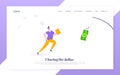 Money chase business concept with businessman running after dangling dollar and trying to catch it. Royalty Free Stock Photo