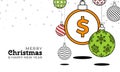 Money christmas greeting card in trendy line style. Merry Christmas and Happy New Year outline cartoon money banner. coin as a Royalty Free Stock Photo